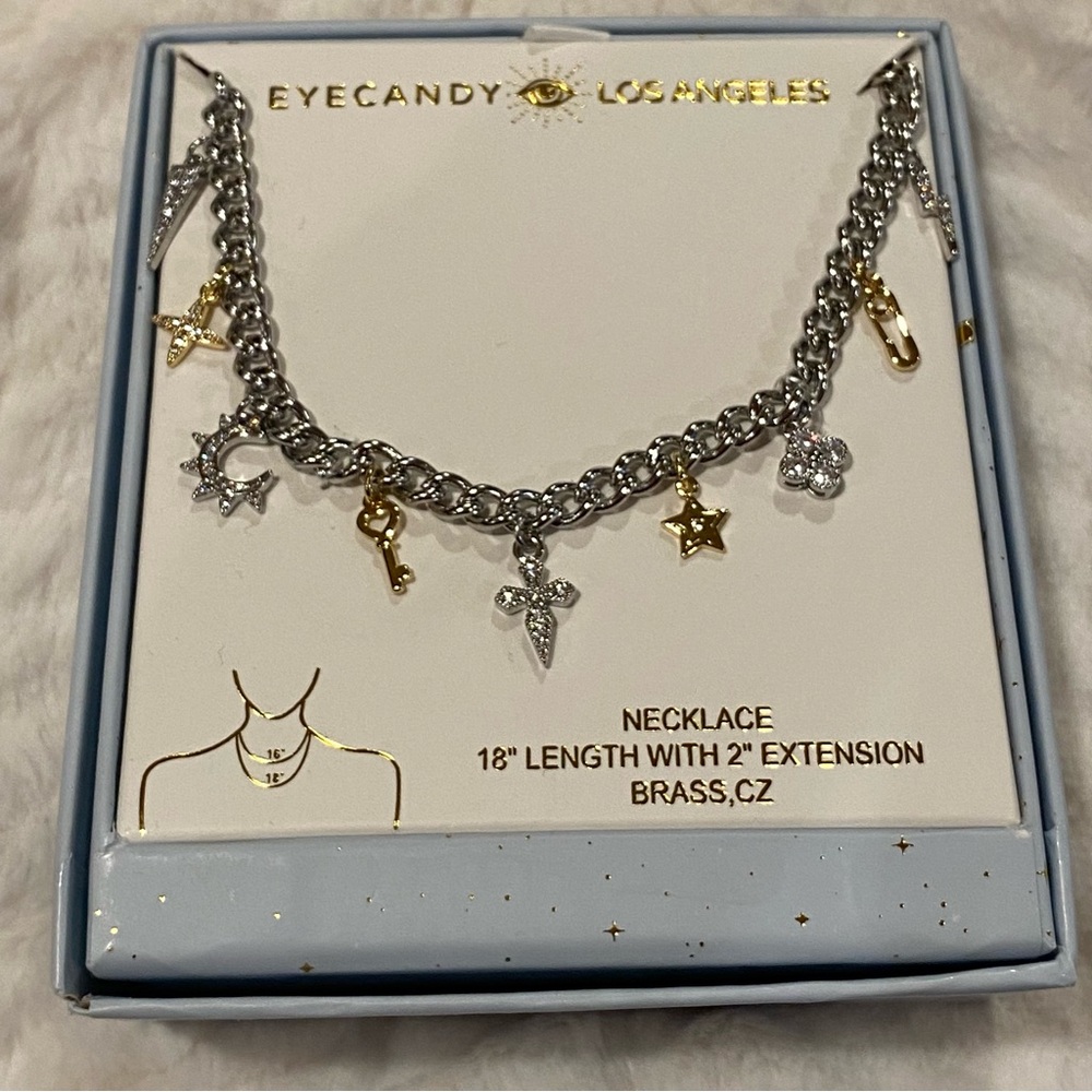 Eye Candy Los Angeles Silver Chain Necklace Hold Charms Star Cross Moon Lock NWT - Picture 2 of 6